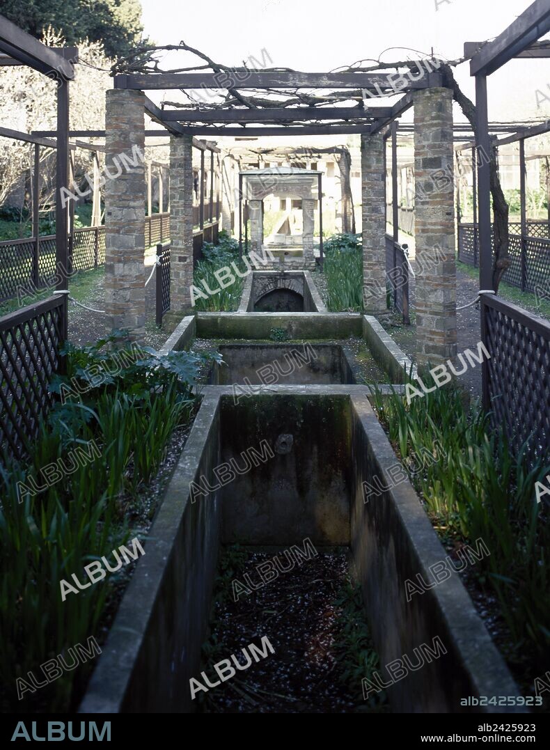 Italy. Pompeii. House of Loreio Tiburtino (Octavius Quartio). 1st century AD. Partial view of the upper gallery garden with the transversal channel. La Campania.