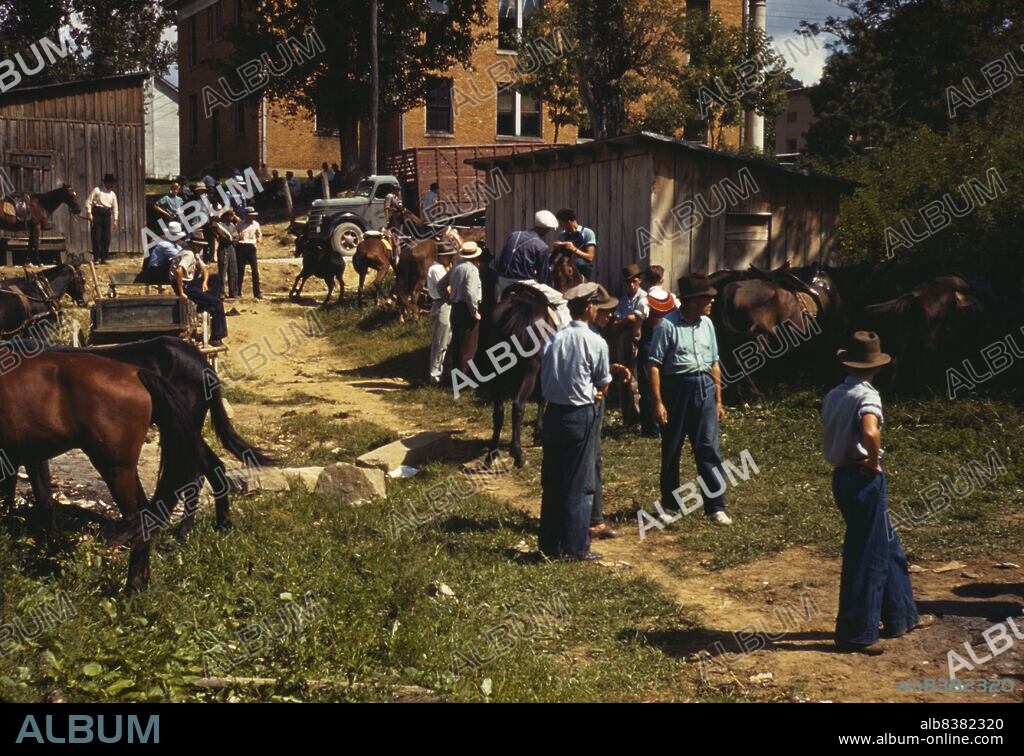 MARION POST WOLCOTT. Mountaineers and farmers trading mules and horses on "Jockey St.," near the Court House, Campton, Wolfe County, Kentucky. [Mountaineers here refers to people living in a mountainous area].