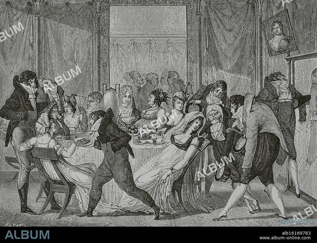 "Le thé parisien, suprème bon ton au commencement du XIX siècle" (El té parisino, tono exquisito a comienzos del siglo XIX), 1801. En tiempos del Directorio francés, los miembros de la "Jeunesse dorée" (juventud dorada) eran llamados "incroyables", en contraste con la vulgaridad de los sans-culottes, exhibiendo una elegancia ostentosa y distinguiéndose por su manera de hablar. Grabado de Huyot a partir de una ilustración de F. S. Harriet, grabada por Adrien Godefroy (1777-1865). "Directoire, Consulat et Empire. Moeurs et usages, lettres, sciences et arts. France, 1795-1815" (Directorio. Consulado e Imperio. Costumbres y tradiciones, letras, ciencias y artes. Francia, 1795-1815), por Paul Lacroix. Publicado en París, 1884.