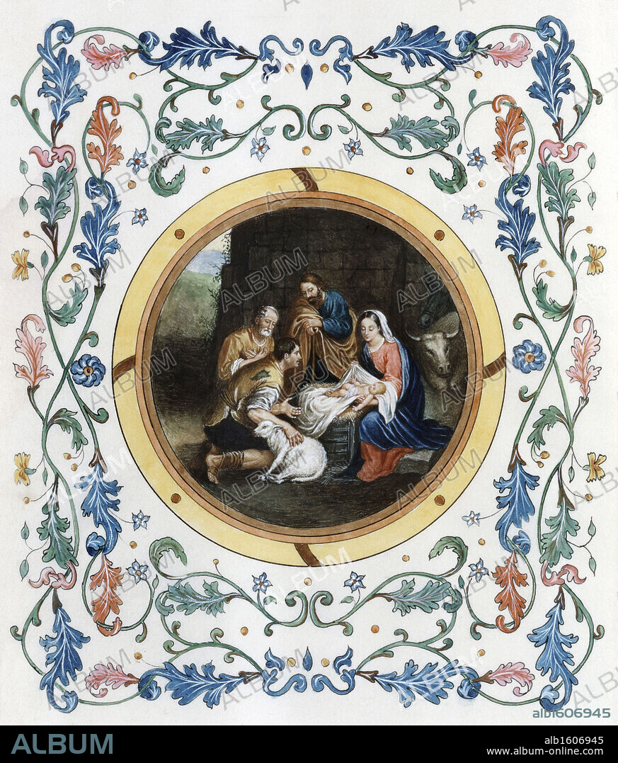 BARTOLOMÉ ESTEBAN MURILLO. Nativity with Illuminated Border  Bartolome Esteban Murillo (1617-1682 Spanish).