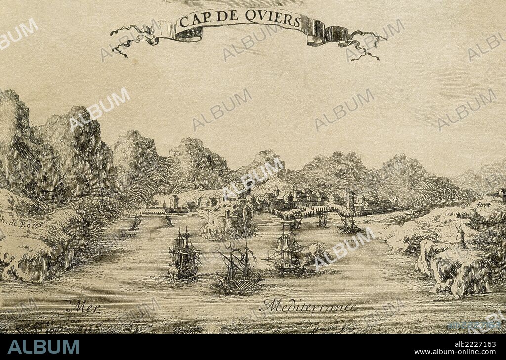 "CADAQUES", (Comarca de Alt Empordà). Provincia de Girona. CATALUÑA. Vista de la población con su puerto y un fuerte. Grabado francés del siglo XVII, realizado durante las negociaciones del Tratado hispanofrancés de los Pirineos, año 1659.