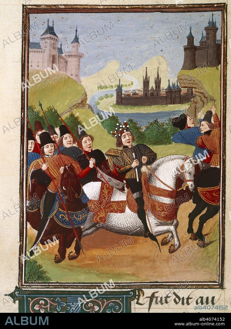 Richard II rides to Flint. Jean Froissart, Chroniques (the 'Harley Froissart') (Frossart's chronicles). Volume IV, part 2. S. Netherlands (Bruges), 1470-1475. (Miniature) King Richard II rides to the Castle of Flint.  Image taken from Froissart's Chronicles (Volume IV, part 2).  Originally published/produced in S. Netherlands (Bruges), 1470-1475. . Source: Harley 4380, f.177. Language: French.