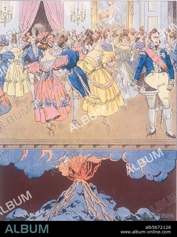 Louis Philippe, König der Franzosen, der. "Bürgerkönig" (1830-48); 1773-1850.- Vor der Julirevolution 1830: "Nous dansons sur un volcan" (Äußerung M. de Salvandys gegenüber Louis Philippe auf einem Ball, den Louis im Palais-Royal veranstaltet, 31.5.1830).- / Illustr. v. Job, d. i. Jacques Onfroy de Bréville (1858-1931). Aus: Mots Historiques du Pays de France. Paris, Privatsammlung.