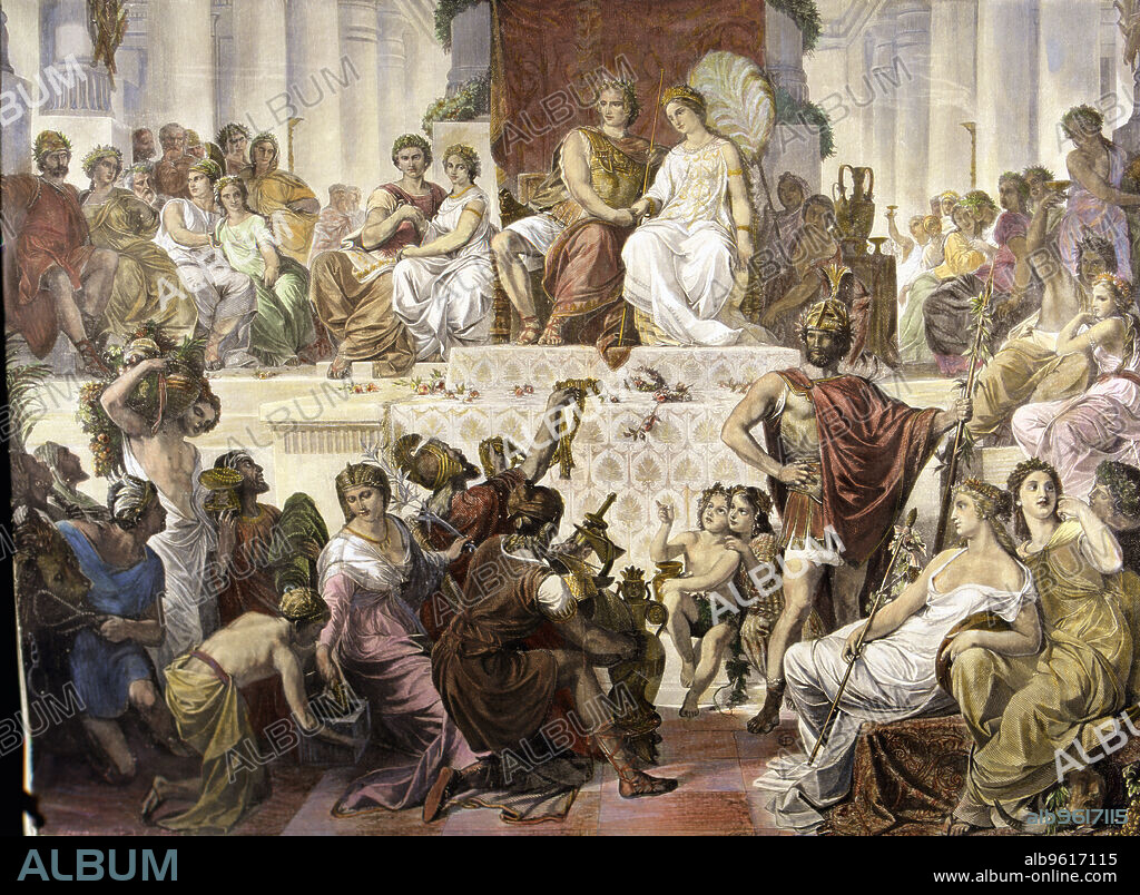 Wedding in Susa', Alexander the Great, king of Macedonia (356-323 B.C.), With Estatira, colored engraving of Spanish and American Illustration.