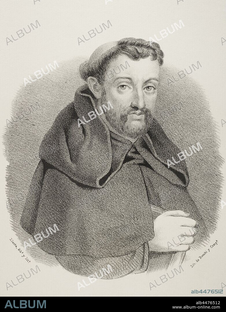 Fray Luis de León (1527/28-1591). Teólogo, poeta, astrónomo, humanista y religioso agustino español de la Escuela Salmantina. Dibujo por LLanta. Litografía. Crónica General de España, Historia Ilustrada y Descriptiva de sus Provincias. Tomo Asturias y León, 1867. Biblioteca Histórico Militar de Barcelona, Cataluña, España.