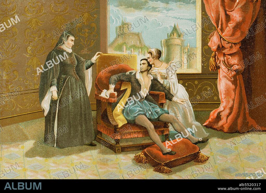 Carlos IX de Francia (1550-1574) Rey de Francia entre 1560 y 1574. Muerte de Carlos IX. Cromolitografía. Historia Universal, por César Cantú. Tomo VIII. Publicado en Barcelona, 1886.