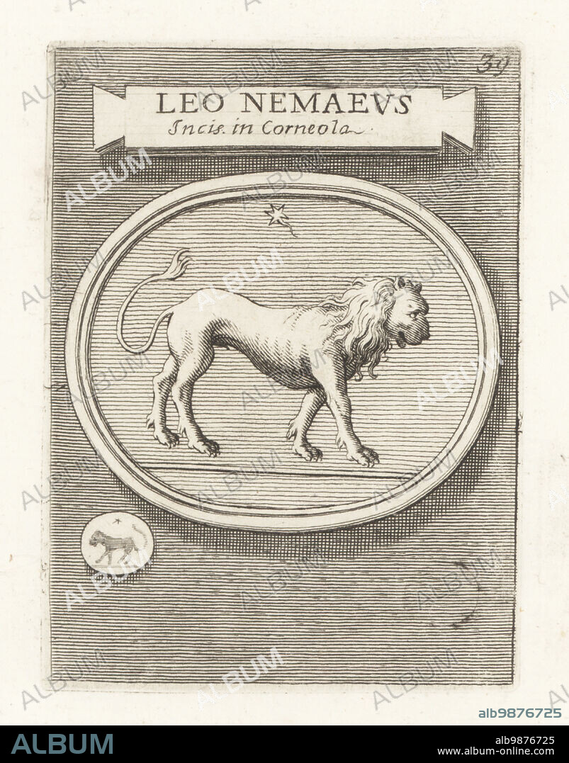 The Nemean lion slain by Heracles in Greek mythology. From an engraved cornelian gem. Leo Nemaeus Incis. in Corneola. Copperplate engraving from Francesco Valesio, Antonio Gori and Ridolfino Venutis Academia Etrusca, Museum Cortonense in quo Vetera Monumenta, (Etruscan Academy or Museum of Cortona), Faustus Amideus, Rome, 1750.