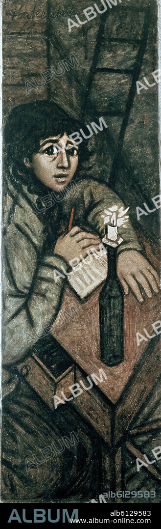 HARALD HAKENBECK. 'Anne Frank', 1961, Mixed media on canvas, 176 x 56 cm.