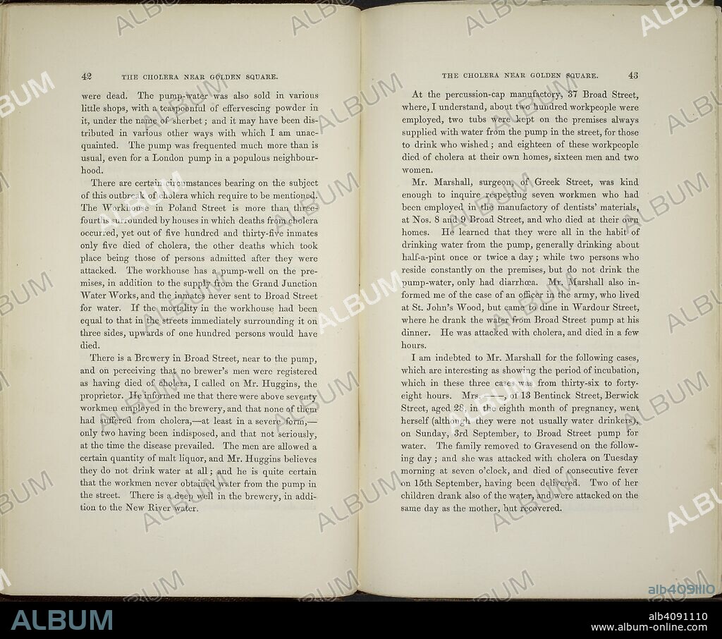 Text in the chapter 'the cholera near Golden square.'. On the mode of communication of cholera. By John Snow, ... London: John Churchill, 1855 T. Richards [printer]. Source: 7560.e.67 pages 42 and 43.