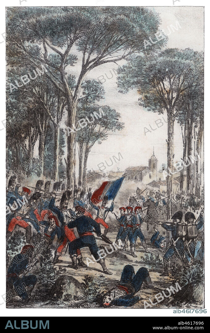 TOMáS PADRó PEDRET. Guerra de la Independencia (1808-1814). Catalunya. El ejército español al mando del general Vives presenta batalla a las tropas francesas entre Llinars del Vallès y Cardedeu en febrero de 1809. Grabado de 1862.