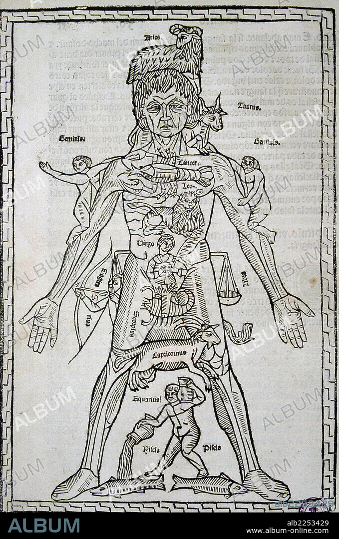 Johannes de Ketham. MEDICO ALEMAN. CUERPO MASCULINO CON LOS SIGNOS DEL ZODIACO.. LOS ORGANOS DELCUERPO EN RELACCION CON LAS CONSTELACIONES. LAMINA DE SU OBRA " , EDITADA EN PAMPLONA EN 1498 EPILOGO DE MEDICINA Y CIRUGIA CONVENIENTE A SU SALUD ".