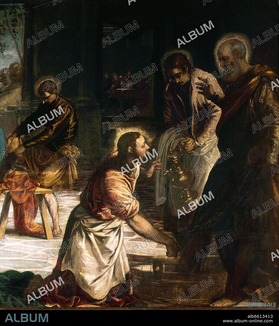 JACOPO COMIN-JACOBO ROBUSTI-TINTORETTO. DETALLE DE JESUCRISTO LAVANDO LOS PIES A PEDRO - EL LAVATORIO DE PIES - 1547 - O/L - CONJ Nº 2161 - RENACIMIENTO ITALIANO - ESCUELA VENECIANA.