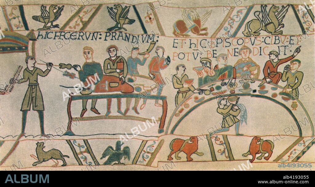 'A Feast. Detail from the Bayeux Tapestry, late 11th century', (1944). Scene from the embroidery depicting the Norman Invasion of England in 1066. King William I sits down to a banquet with his nobles and Bishop Odo says grace. On the left men hold chickens on skewers and drink from horns. A servant spills a jug of water. From "The English At Table", by John Hampson. [William Collins, London, 1944].