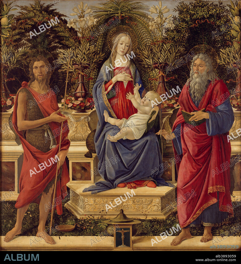 SANDRO BOTTICELLI. Madonna and Child with both Saints John (Bardi altarpiece). Date/Period: From 1484 until 1485. Painting. Oil on poplar wood. Height: 185 cm (72.8 in); Width: 180 cm (70.8 in).