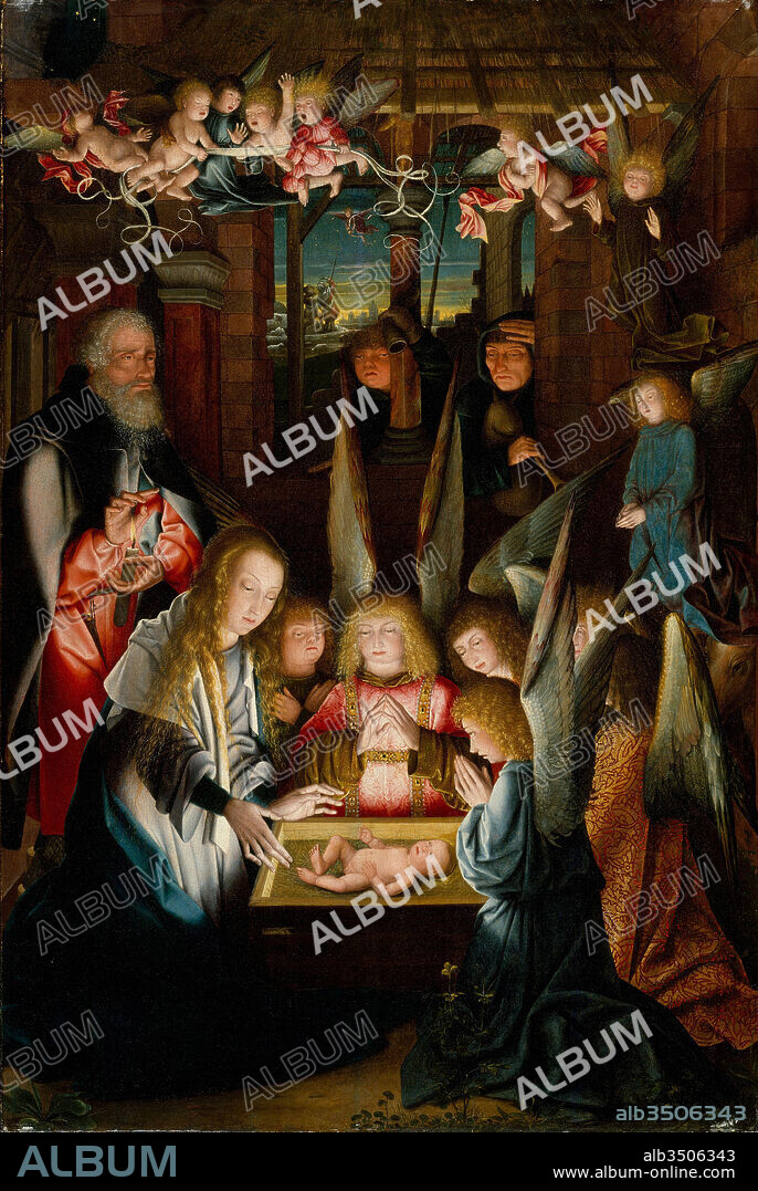 The Adoration of the Christ Child, Oil on wood, Overall 41 x 28 1/4 in. (104.1 x 71.8 cm); painted surface 41 x 27 5/8 in. (104.1 x 70.2 cm), Paintings, Follower of Jan Joest of Kalkar (Netherlandish, active ca. 1515), The fourteenth-century mystic Saint Bridget of Sweden recounted Christ's birth after experiencing a vision. The 'great and ineffable light' she described as emanating from the Child is the most compelling feature of this picture.