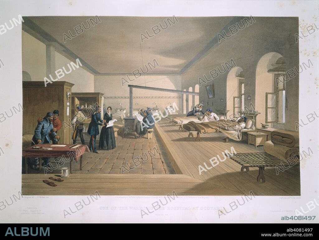 WILLIAM SIMPSON y WALKER E. Scutari hospital ward. The Seat of War in the East (Lithographed plates,. P & D Colnaghi & Co.: London, 1855, 1866. One of the wards of the hospital at Scutari. Florence Nightingale.  Image taken from The Seat of War in the East (Lithographed plates, illustrating the Crimean War.).  Originally published/produced in P & D Colnaghi & Co.: London, 1855, 1866. . Source: 1780.c.6, XXXIV. Language: English.