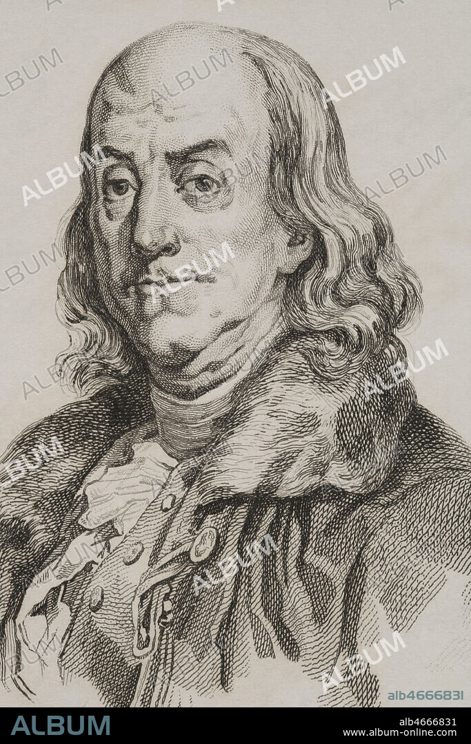 Benjamin Franklin (1706-1790). Científico, inventor y político estadounidense. En 1776 redactó, junto a Jefferson y John Adams, la Declaración de Independencia de los Estados Unidos de América. Grabado por Lemaitre. Panorama Universal. Historia de los Estados Unidos de América, por Roux de Rochelle. Edición española, impresa en Barcelona,1850.