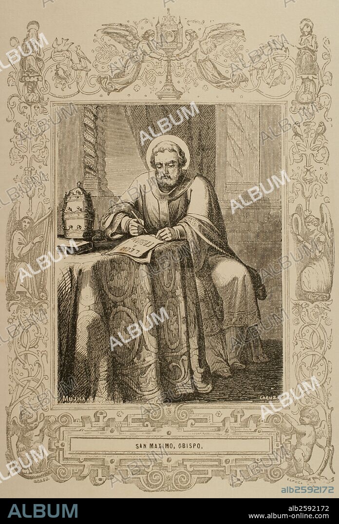 MAXIMO EL CONFESOR (580-662). Monje, teólogo y erudito cristiano, considerado padre de la Iglesia. En su juventud fue funcionario y asesor del emperador bizantino Heraclio. Grabado por Capuz. "Año Cristiano", 1853.