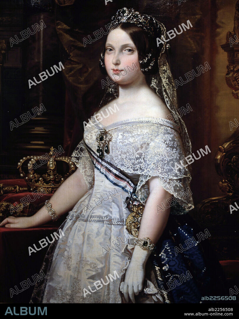 ISABEL II ( MADRID 1830 - PARIS 1904 ). REINA DE ESPAÑA.SU REINADO SE CARACTERIZO POR LAS SUBLEVACIONES Y MOTINES , Y POR LAS ALTERNANCIAS EN EL PODER DE LIBERALES Y ABSOLUTISTAS.. OLEO RETRATO DE FEDERICO MADRAZO. INSTITUTO DE ESPAÑA . MADRID.
