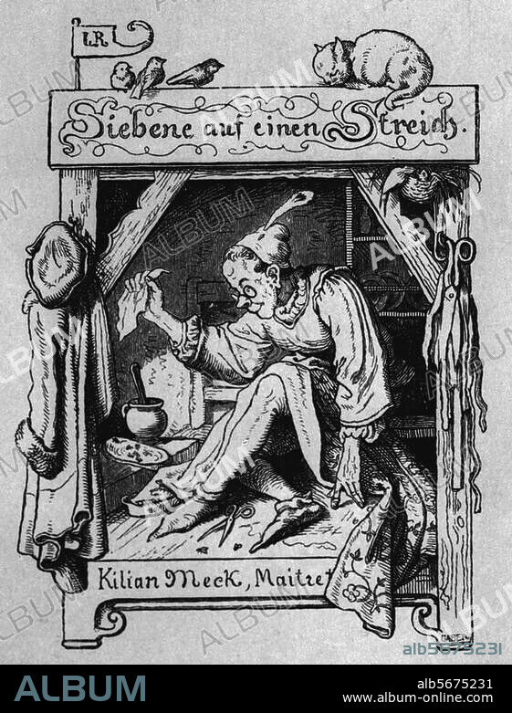 Literatur / Märchen:. Das tapfere Schneiderlein. "Das tapfere Schneiderlein". Holzstich nach Zeichnung von Ludwig Richter (1803-1884). Aus: Das Märchenbuch für Kinder. Von Ferdinand Schmidt. Mit Originalbildern von Ludwig Richter. Leipzig (Otto Wigand) 1850.