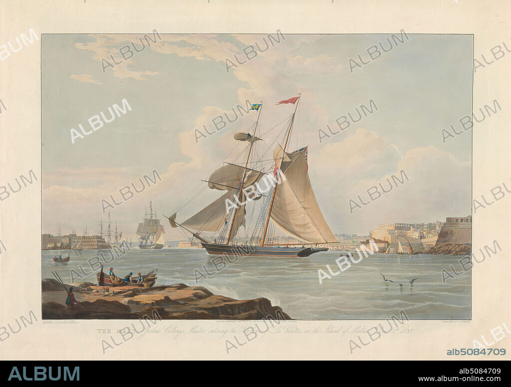 The Mary, Joshua Collings, Master, Entering the Harbour of La Valletta, in the Island of Malta, Dec. 5, 1835, Edward Duncan, 18031882, British, 1835, Colored aquatint, Sheet: 16 1/4 x 21 1/4in. (41.3 x 54cm).