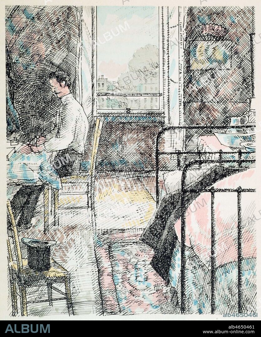 BEL-AMI de Guy de MAUPASSANT(1850-1893): 'Le journaliste Saint-Potin a sa table de travail' 1ere partie, Chap.IV. Illustration de 1934 par Jean Emile LABOUREUR (1877-1943). Credit : Collection Kharbine-Tapabor.