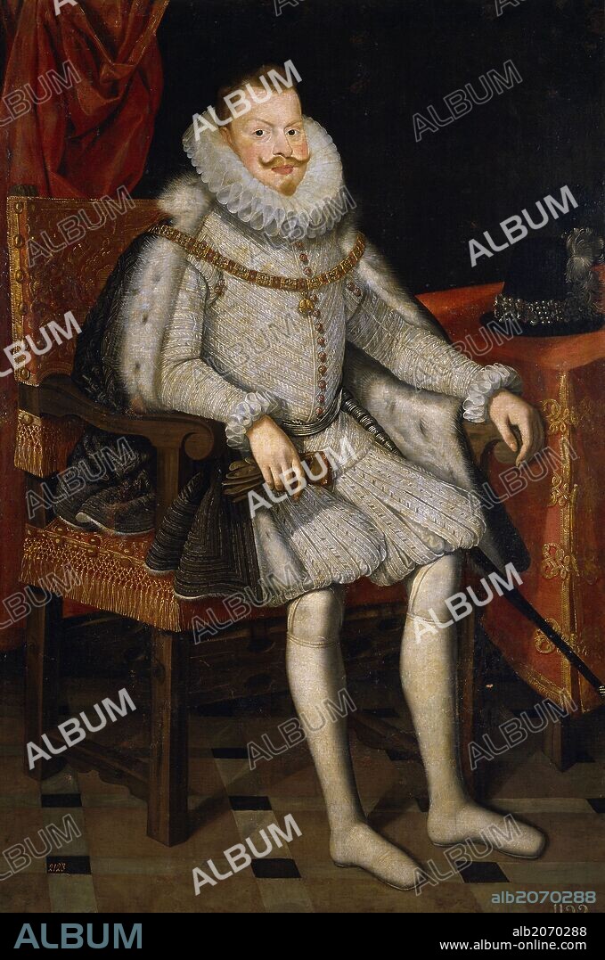 BARTOLOME GONZALEZ. Bartolomé González / 'Felipe III, rey de España, sedente', Hacia 1615, Escuela Española, Óleo sobre Lienzo, 160 cm x 109 cm, P02918.