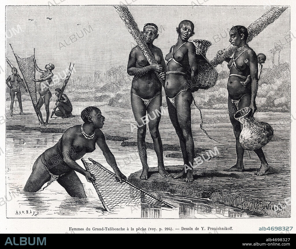Femmes du Grand-Talibouche a la peche. Illustration de Ivan PRANICHNIKOFF (1841-1909) pour Voyage aux pays des Bagas et du Rio-Nunez par le lieutenant COFFINIERE de NORDECK (1848-1917) repris dans Le Tour du Monde de 1886. Credit : Collection Kharbine-Tapabor.