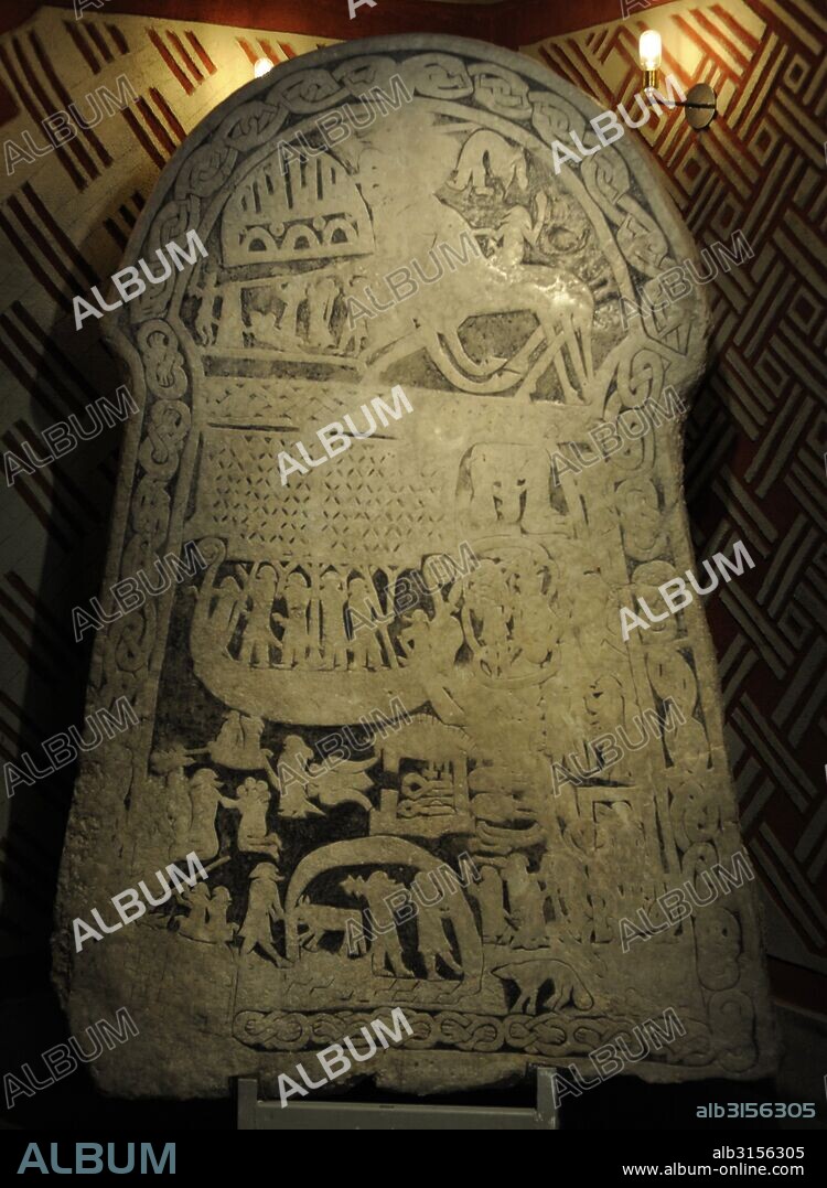 Ardre Image Stones. Viking era. Ardre VIII. 8th-9th century. Scenes from Norse mythology: Thor fishing for Jormungandr, the punishment of Loki, Odin riding to Valhalla on Sleipnir. It was discovered at Ardre Church, Gotland, Sweden. The Swedish History Museum. Stockholm. Sweden.