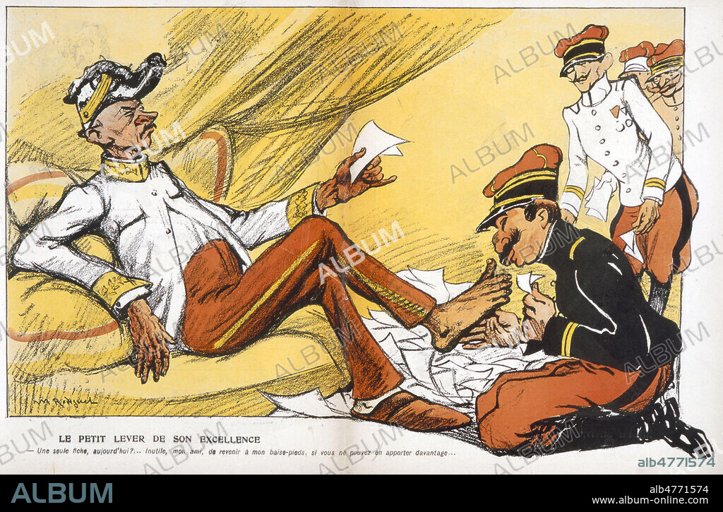 Le General Andre recoit des fiches remplie d'officiers : Une seule fiche aujourd'hui? Inutile mon ami de revenir a mon baise-pied, si vous ne pouvez en apporter davantage.' Caricature a propos de l'Affaire des Fiches : Scandale politique financier qui contribua a la demission du ministere Combes: le general Andre, ministre de la guerre organise un service occulte de renseignements sur les opinions politiques et religieuses des officiers, afin d'en tenir compte pour leur avancement. Ces fiches lui etaient fournies par le Grand Orient de France. Denonce a la Chambre en octobre 1904, le general Andre fut contraint de demissionner le 15 novembre et le ministere Combes tomba le 19 janvier 1905. Credit Collection Kharbine Tapabor.