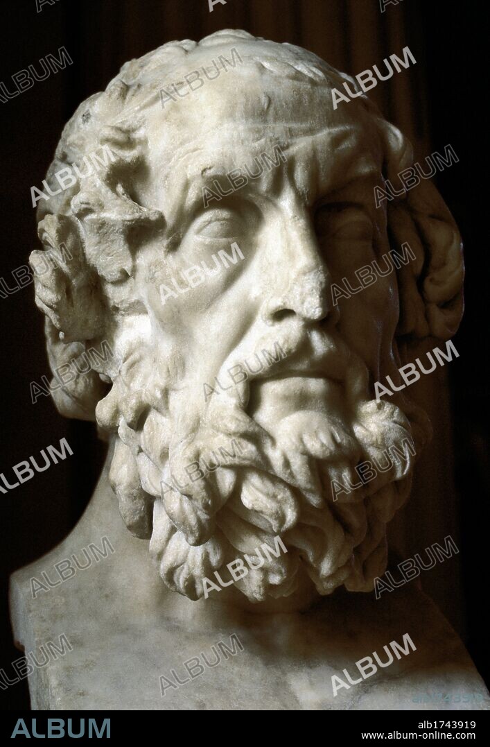 HOMERO. Autor de La Ilíada y de La Odisea. Probablemente nació en la Jonia minorasiática (Esmirna) y tuvo relaciones con la isla de Quíos, donde hubo un gremio de homéridas. Sus poemas son del tipo épico heroico. BUSTO DE HOMERO. Copia romana de un original griego del S. II a. C. Museo del Louvre. París. Francia.