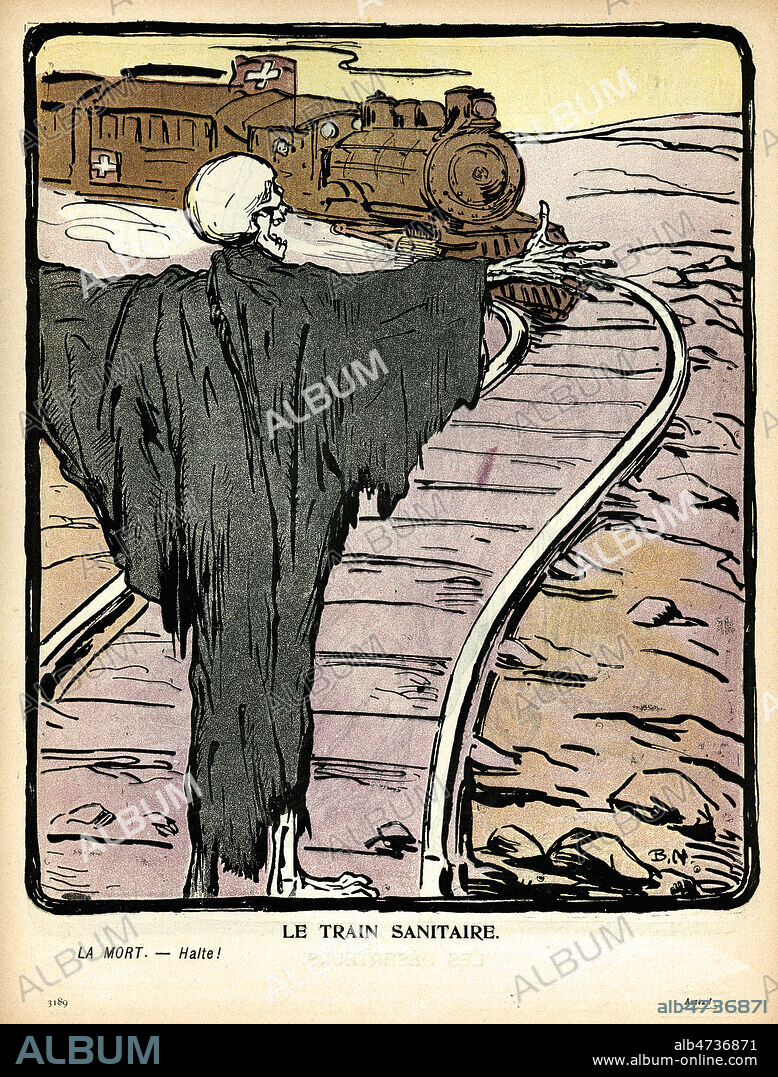 'Le train sanitaire. La mort : halte !'. La mort arretant un train. Illustration par Bernard NAUDIN (1876-1946) pour L'Assiette au Beurre du 3 decembre 1904, numero intitule 'Assez !'. Credit : Collection KHARBINE-TAPABOR.