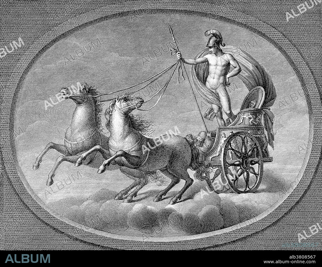 Mars with his sword, in his chariot. Mars was the Roman god of war and also an agricultural guardian, a combination characteristic of early Rome. He was second in importance only to Jupiter, and he was the most prominent of the military gods worshipped by the Roman legions. His festivals were held in March, the month named for him (Latin Martius), and in October, which began and ended the season for military campaigning and farming. Under the influence of Greek culture, Mars was identified with the Greek god Ares, whose myths were reinterpreted in Roman literature and art under the name of Mars. Although Ares was viewed primarily as a destructive and destabilizing force, Mars represented military power as a way to secure peace, and was a father (pater) of the Roman people. In the mythic genealogy and founding myths of Rome, Mars was the father of Romulus and Remus with Rhea Silvia. His love affair with Venus symbolically reconciled the two different traditions of Rome's founding. Engraving by Carlo Lasinio after Raphael, 1516.