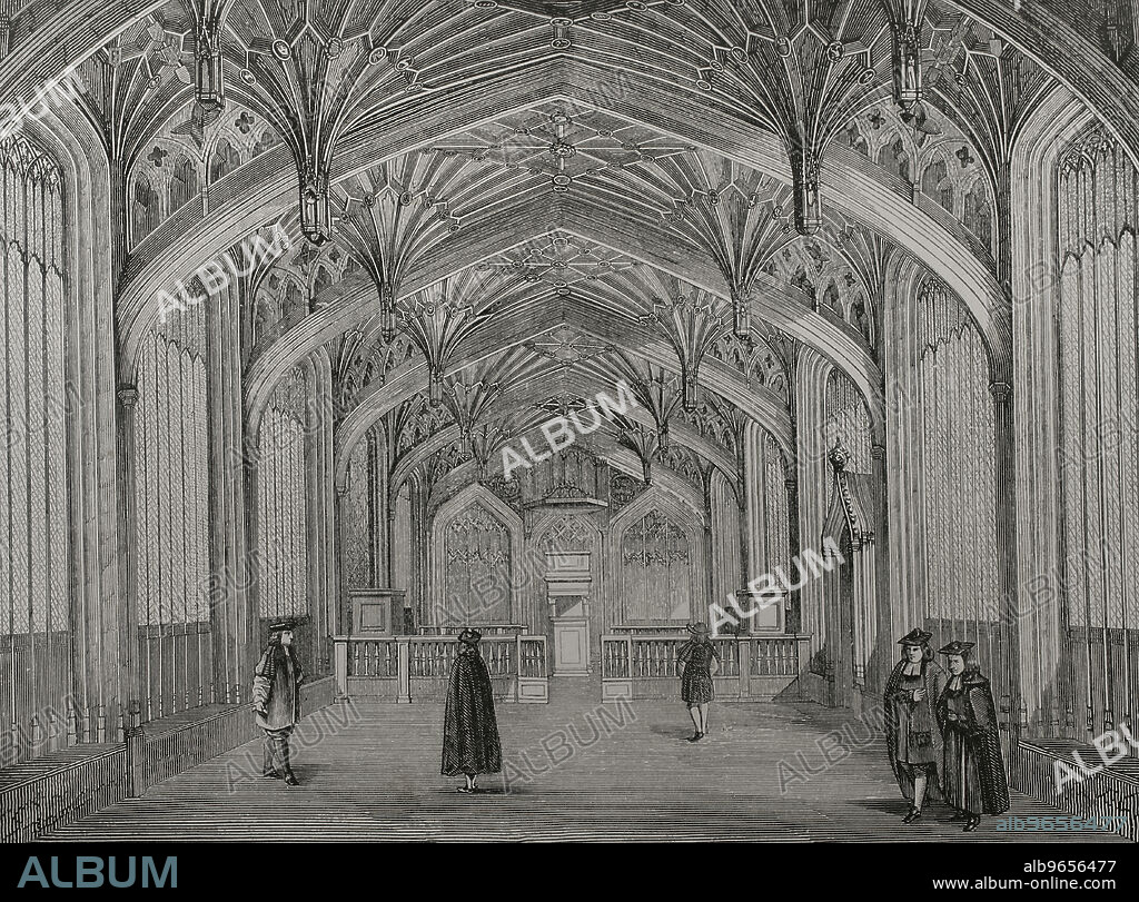 England. Oxford University classroom. 14th century. Engraving. "Les Arts au Moyen Age et a l'Epoque de la Renaissance", by Paul Lacroix. Paris, 1877.