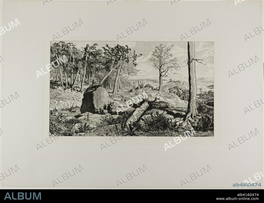 Simplicius in the Solitude of the Forest, plate ten from Intermezzos. Max Klinger; German, 1857-1920. Date: 1880-1881. Dimensions: 229 x 395 mm (image); 256 x 419 mm (chine); 265 x 425 mm (plate); 448 x 627 mm (sheet). Etching on paper. Origin: Germany.