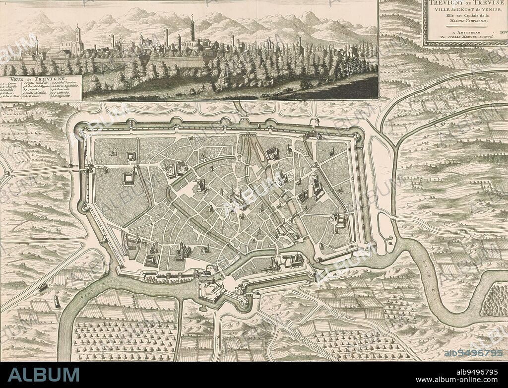 Map of and view of Treviso, Trevigny ou Trevise, ville de l'etat de Venise, elle est capitale de la marche Trevisane / Vue de Trevigny (title on object), Top right numbered: XXXV., print maker: anonymous, (mentioned on object), publisher: Pieter Mortier (I), (mentioned on object), publisher: Rutgert Christoffel Alberts, (possibly), publisher: Amsterdam, publisher: The Hague, 1704 - 1724, paper, etching, engraving, height 424 mm × width 594 mm.