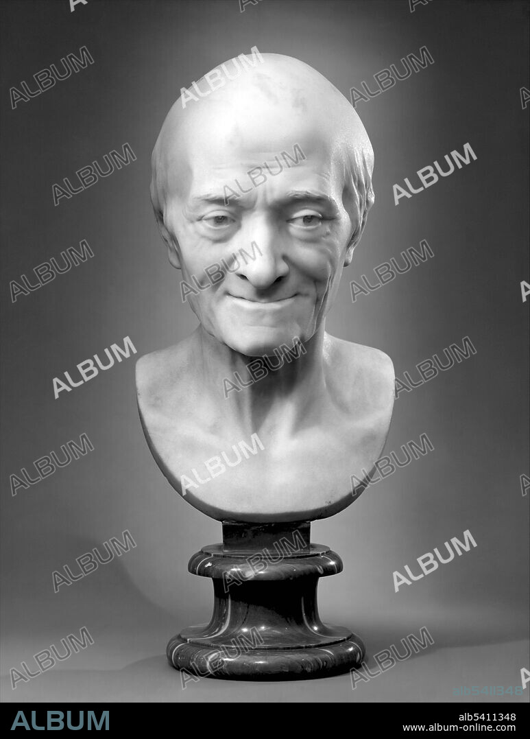 Francois-Marie Arouet AKA Voltaire (1694 - 1778) was an important  French Enlightenment writer, historian and philosopher famous for his wit,  advocating freedom of religion, freedom of expression, and separation of church and state.  Marble bust by Jean Antoine Houdon, 1778.