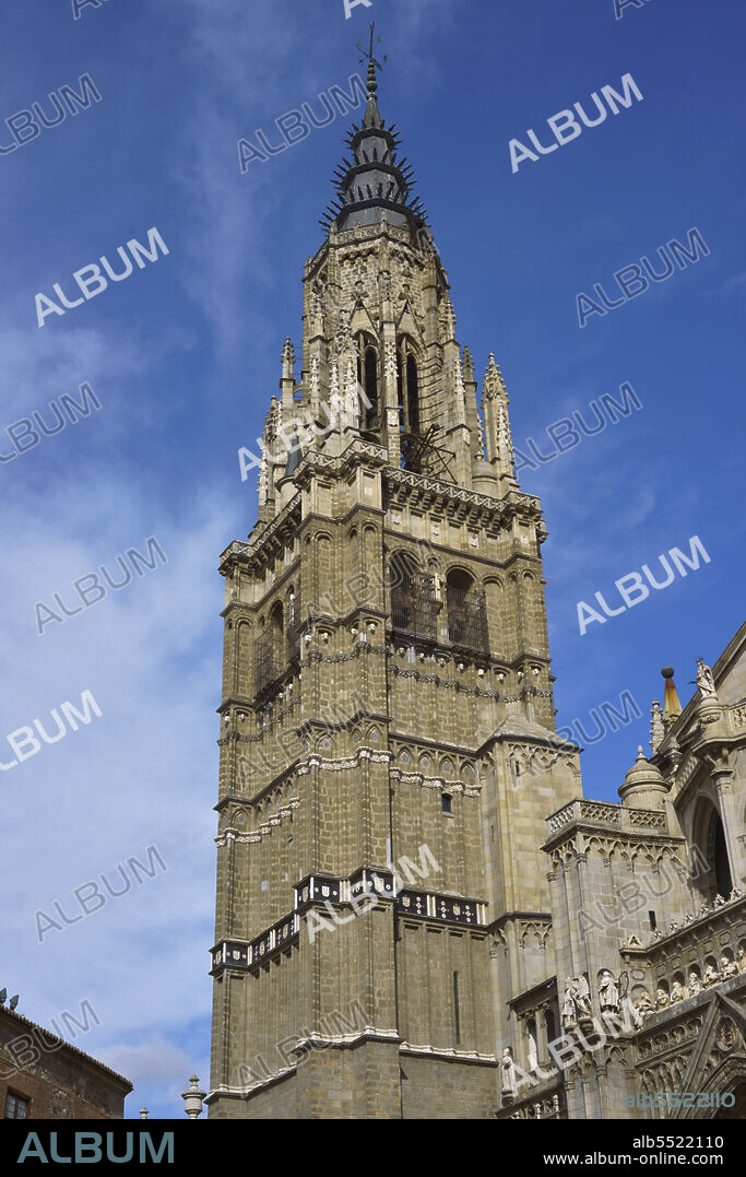 Spain, Castile-La Mancha, Toledo. Cathedral of Saint Mary. Bell tower. Built and designed in Gothic style by the architect Alvar Martínez (active 1418-1440). The octagonal upper section was completed by Hannequin of Brussels in 1438.