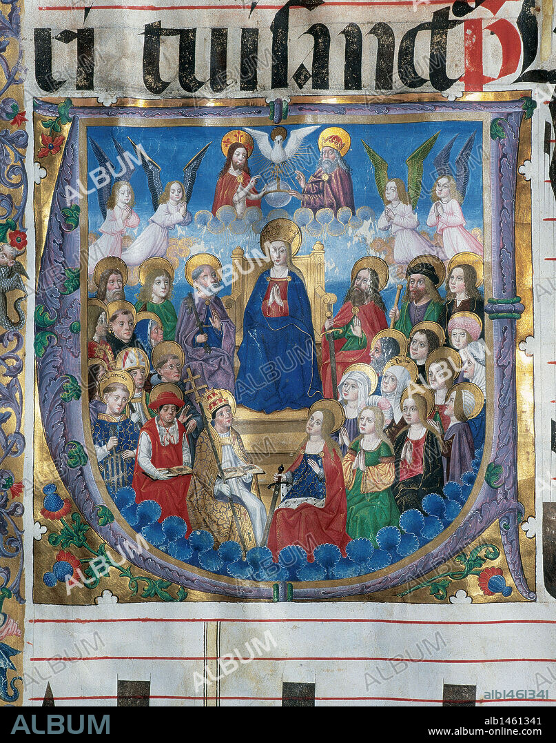MAESTRO DE BURGO DE OSMA. "CANTORAL Nº 3". Canto gregoriano. Finales del siglo XV, inicios del XVI. Antifonario. Fiesta de la Virgen. Pergamino. Tamaño: 800 x 600 mm. "CORONACION DE LA VIRGEN RODEADA DE SANTOS, OBISPOS, ENTRE LOS QUE SE DISTINGUE SAN LORENZO Y SANTA PAULA. Letra capitular "U". Obra del MAESTRO DE OSMA, hacia el 1460-70. Perteneciente al "Scripturium" del Monasterio de San Jerónimo de Guijola (Soria) o procedente de la recuperación de la Desamortización de Mendizabal (S. XIX). Archivo Capitular de El Burgo de Osma. (Soria) .