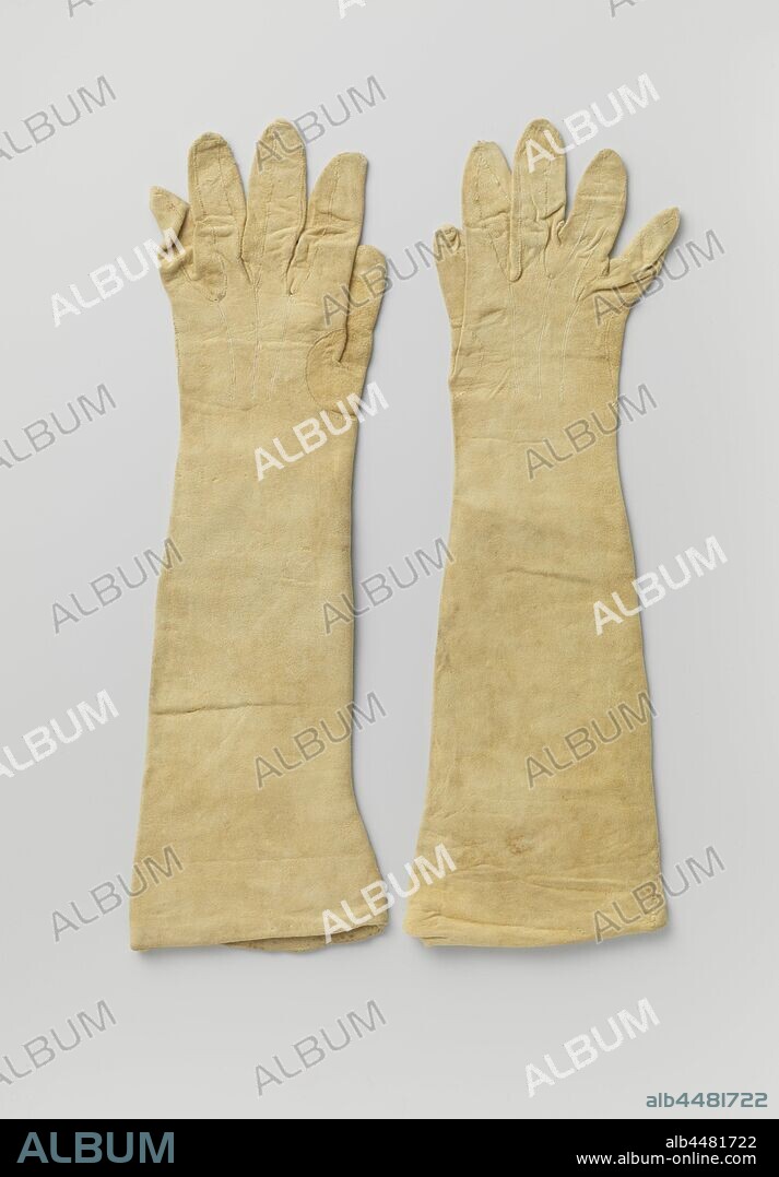 Right glove made of natural chamois leather, three radiating cords on the back., anonymous, Netherlands, c. 1900 - c. 1925, geheel, l 43 cm × w 14 cm.