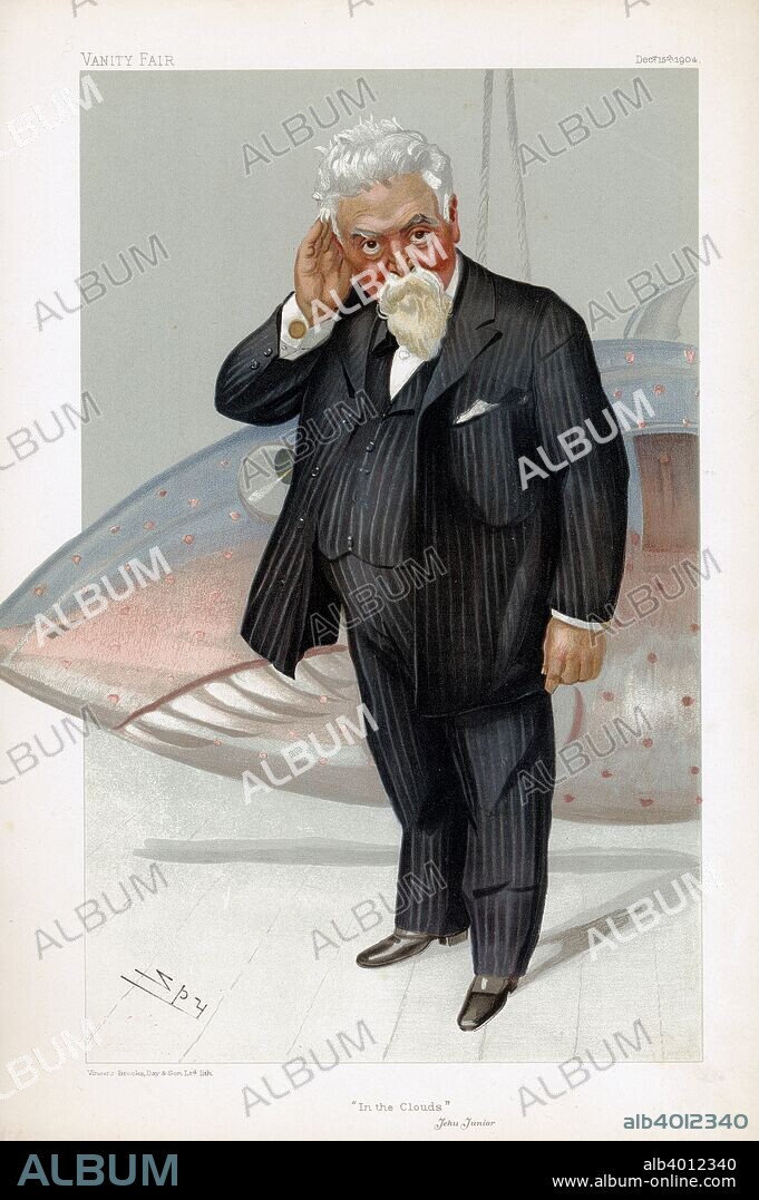 Hiram Stevens Maxim, American-born British inventor and engineer, 1904. Whilst resident in America, Maxim (1840-1916) took out patents for, among other things, gas apparatus and electric lamps. In 1881, he emigrated to England where he perfected his 'Maxim' machine-gun in 1883. He also invented a pneumatic gun, a smokeless powder, a mousetrap, carbon filaments for light bulbs and, in 1894, a flying machine. Cartoon from Vanity Fair, London, 15 December 1904.