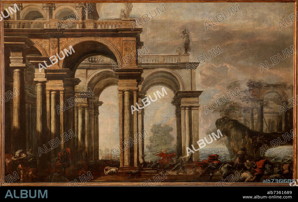 SEBASTIANO MAZZONI. Mazzoni, Sebastiano; 1611-1678. "Offene Säulenhalle am Meer mit Kämpfenden". Öl auf Leinwand. Venedig / Venezia (Italien), Palazzo Albrizzi.
