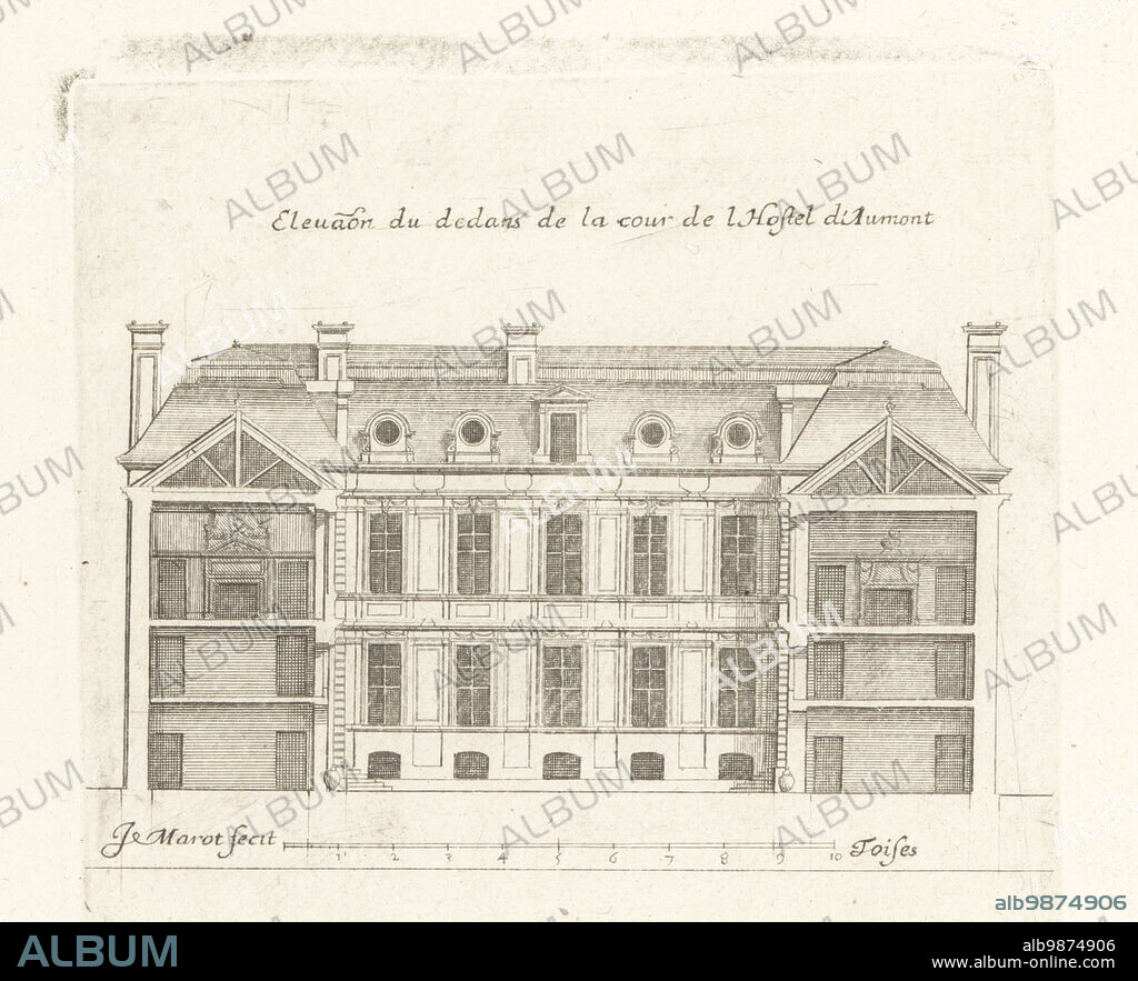 Elevation of the courtyard to the Hotel d'Aumont, a grand house or hotel particulier at 7, rue de Jouy, Marais, Paris. Built by Louis le Vau and remodeled by Francois Mansart, Michel Villedo and landscape gardener Andre le Notre for the ducs d'Aumont. Elevation du dedans de la cour de l'Hotel d'Aumont. Copperplate engraving drawn and engraved by Jean Marot from his Recueil des Plans, Profils et Elevations de Plusieurs Palais, Chasteaux, Eglises, Sepultures, Grotes et Hotels,Collection of Plans, Profiles and Elevations of Palaces, Castles, Churches, Tombs, Grottos and Hotels, chez Mariette, Paris, 1655.