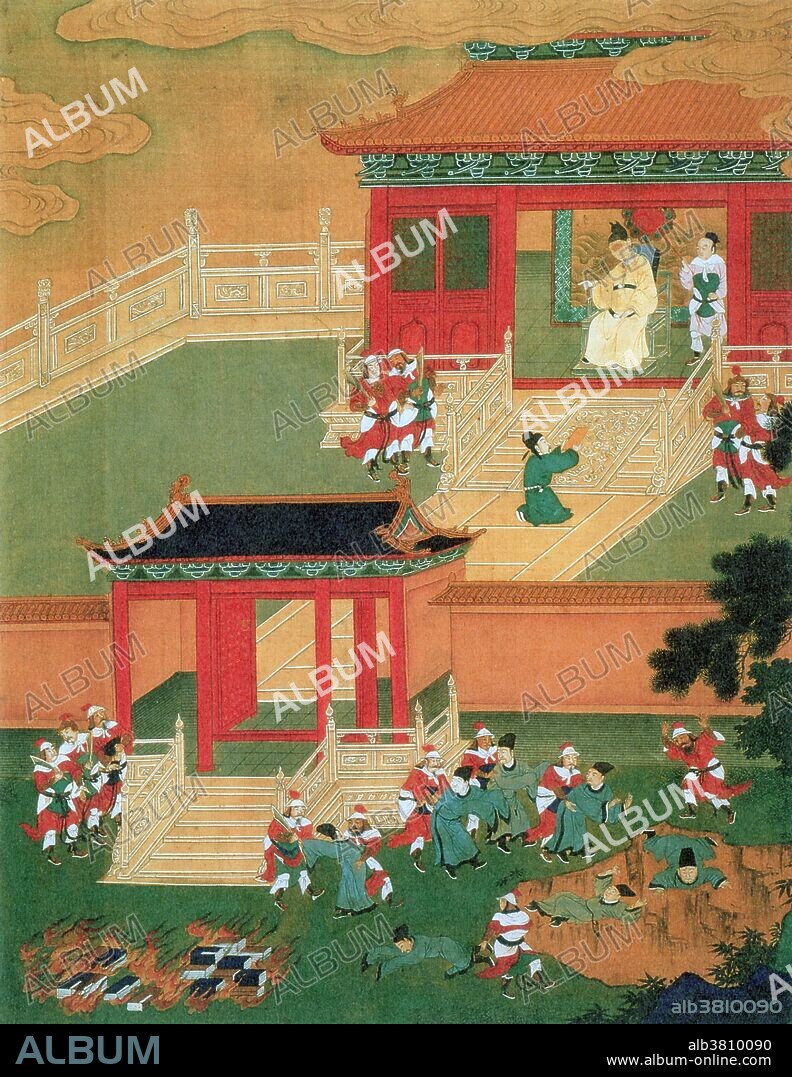 Entitled: "Burning books and killing of Confucian scholars by order of Emperor." Qin Shi Huang (260 - 210 BC) was the founder of the Qin dynasty. He became China's first emperor when he was 38 after the Qin had conquered all of the other Warring States and unified all of China in 221 BC. During his reign, his generals greatly expanded the size of the Chinese state. Qin Shi Huang also worked with his minister Li Si to enact major economic and political reforms aimed at the standardization of the diverse practices of the earlier Chinese states. He is traditionally said to have banned and burned many books and executed scholars. His public works projects included the unification of diverse state walls into a single Great Wall of China and a massive new national road system, as well as the city-sized mausoleum guarded by the life-sized Terracotta Army. He ruled until his death in 210?BC after a futile search for an elixir of immortality.