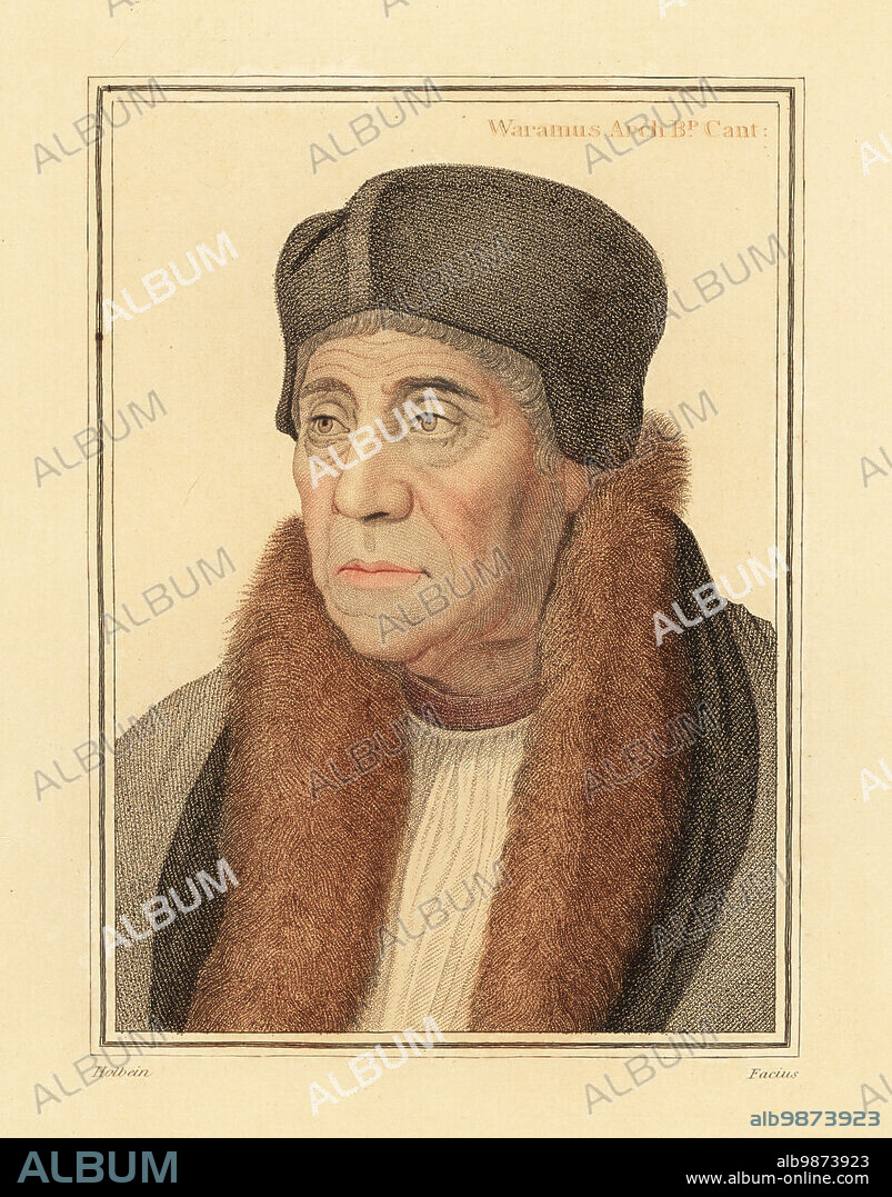 William Warham, Archbishop of Canterbury, 1450-1532. Waramus, Arch Bp. Cant. Handcoloured copperplate stipple engraving by George Sigmund Facius after a portrait by Hans Holbein the Younger from Imitations of Original Drawings by Hans Holbein, John Chamberlaine, London, 1812.
