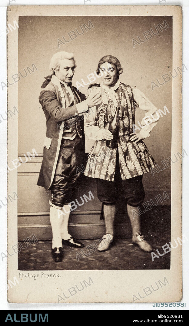 Portrait of Henri Hurion (1835-1899), known as Nicolas Noirot, actor at the Théâtre des Délassements-Comiques between 1860-1861, with Robin., Franck (François Gobinet de Villechole, known as), Photographer, Between 1860 and 1890, 2nd half of the 19th century, Photography, Graphic arts, Photography, Albumen paper print, Dimensions - Work: Height: 8.9 cm, Width: 5.4 cm, Dimensions: Height: 10.4 cm, Width: 6.1 cm.