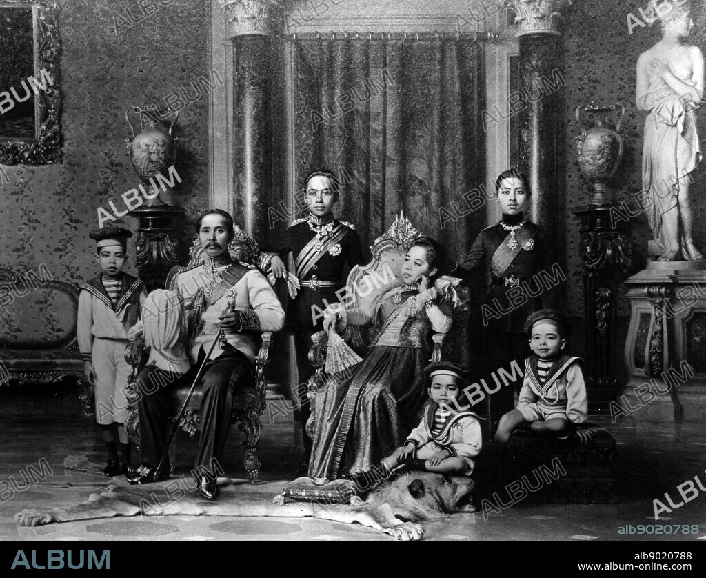 King Chulalongkorn the Great (Rama V) of Siam, with his family. In this photo, Crown Prince Vajirunhis leans on his father's chair, while the future King Rama VI, Prince Vajiravudh, stands behind the queen's chair. It's not entirely clear which of Chulalongkorn's four queens is pictured here, but she most resembles Queen Saovabha Bongsri, the mother of Vajiravudh. Crown Prince Vajirunhis died unexpectedly at the age of 16 in 1894, so Chulalongkorn was succeeded by Vajiravudh instead in 1910.