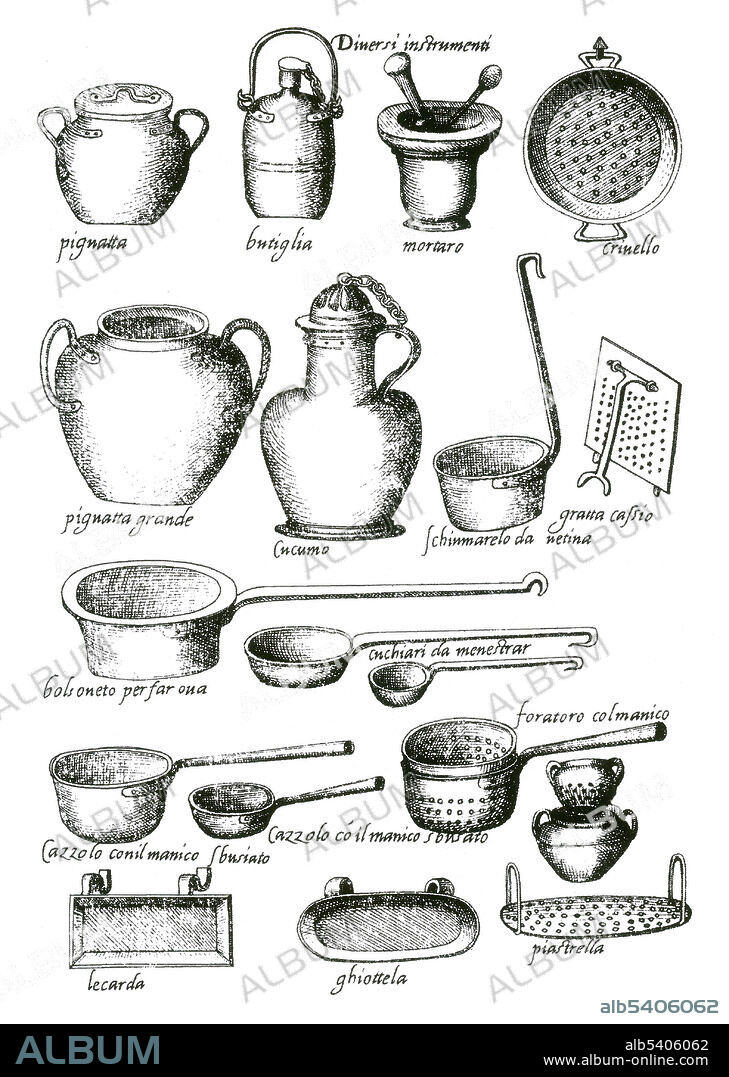 Plate 10: Various utensils, 1. Bartolomeo Scappi (1500, April 13, 1577) was a famous Italian Renaissance chef. As head chef for popes and cardinals he prepared banquets for the most powerful men on earth. He acquired fame in 1570 when his monumental cookbook Opera dell'arte del cucinare was published. It was the world's first illustrated cookbook, a colossal tome that includes a thousand recipes of the Renaissance cuisine and describes cooking techniques and tools, giving the first known picture of a fork. Lavish woodcuts illustrate the perfect layout of a kitchen, the range of pots, pans, knives, and other utensils needed to run a high-quality kitchen. Between 1570 and 1646, the book went through eight print runs, and versions of his recipes were borrowed for other publications in England, France, Germany, and Spain.