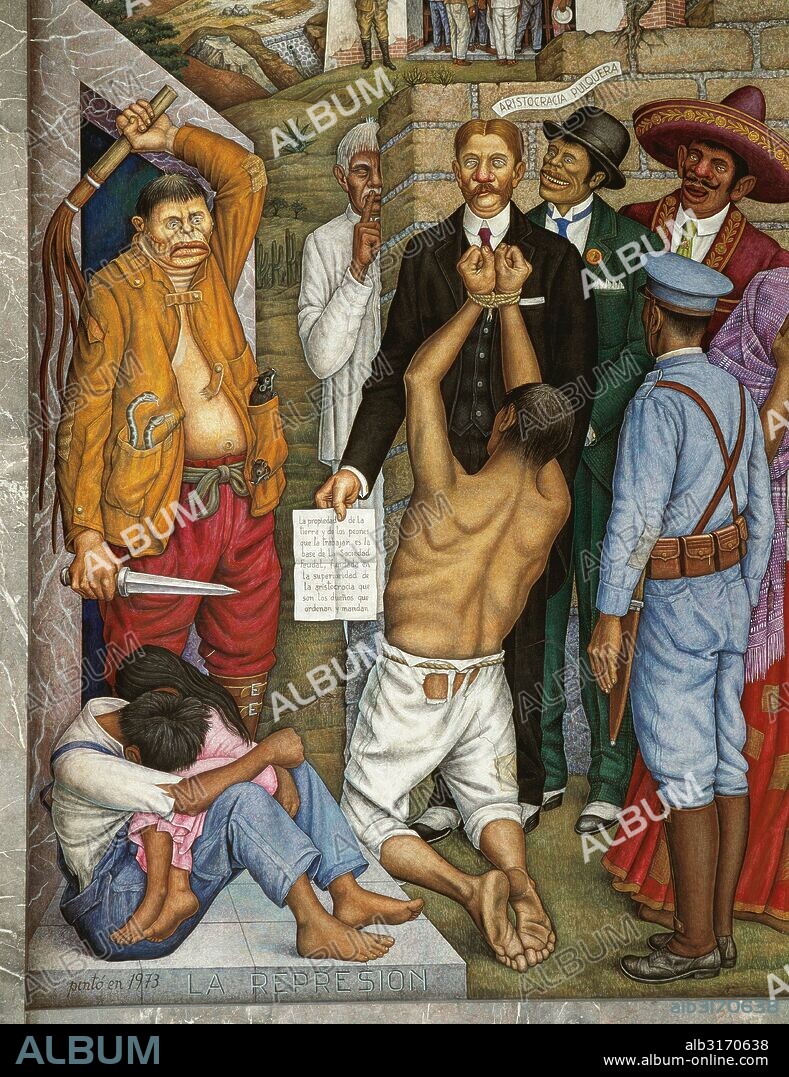 O'GORMAN, Juan (Ciudad de México,1905-1982). Arquitecto y pintor mexicano. En su formación tiene gran importancia Diego Rivera. "EL FEUDALISMO PORFIRISTA". (La representación de Dictador PORFIRIO DIAZ 1830-1915 militar y político mexicano, a la aristocracia pulquera). Detalle mural del año 1973. Castillo de Chapultepec. Mexico D. F.