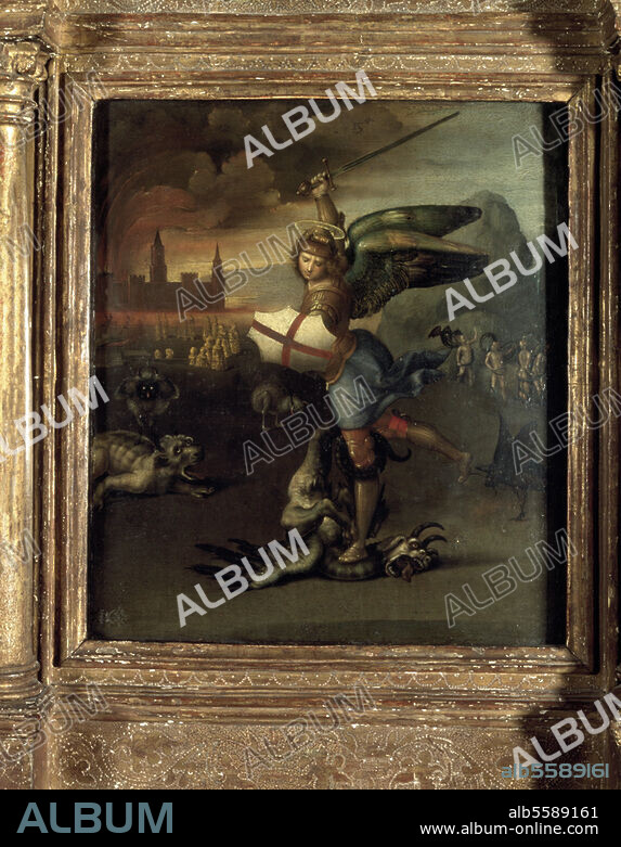 Raphael, originally Raffaello Sanzio. 1483-1520. "The Archangel Michael fighting with the dragon", c. 1504/05. Oil on wood, 30.9 × 26.5cm. Paris, Musée du Louvre.